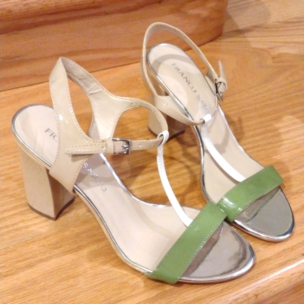 Franco Sarto Strappy Sandal Block Heel Bright Green and Cream